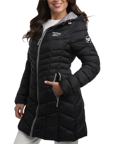 Reebok Women's Winter Jacket - Long Length Quilted Puffer Parka - Heavyweight Outerwear Coat for Women (S-XL), Size Medium, Jet Black