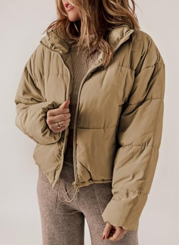 Dokotoo Womens Puffer Jackets Ladies Cute Warm Winter Coats for Women Oversized Stand Neck Full Zipper Up Drawstring Baggy Padded Jacket Coat Warm Comfy Soft Outerwear with Pockets Khaki M