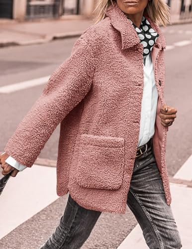 PRETTYGARDEN Women's Winter Faux Fur Coats Long Sleeve Lapel Button Down Pockets Fleece Sherpa Jacket Casual Trendy Outerwear (Pink,Medium)