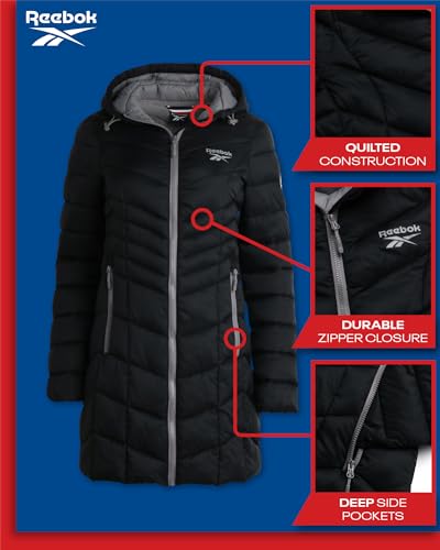 Reebok Women's Winter Jacket - Long Length Quilted Puffer Parka - Heavyweight Outerwear Coat for Women (S-XL), Size Medium, Jet Black