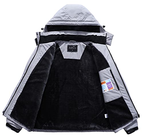 Pooluly Women's Ski Jacket Warm Winter Waterproof Windbreaker Hooded Raincoat Snowboarding Jackets Light Gray-2XL