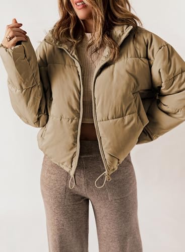 Dokotoo Womens Puffer Jackets Ladies Cute Warm Winter Coats for Women Oversized Stand Neck Full Zipper Up Drawstring Baggy Padded Jacket Coat Warm Comfy Soft Outerwear with Pockets Khaki M