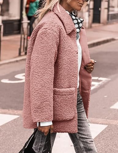 PRETTYGARDEN Women's Winter Faux Fur Coats Long Sleeve Lapel Button Down Pockets Fleece Sherpa Jacket Casual Trendy Outerwear (Pink,Medium)