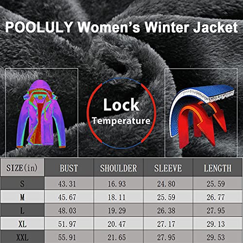 Pooluly Women's Ski Jacket Warm Winter Waterproof Windbreaker Hooded Raincoat Snowboarding Jackets Light Gray-2XL
