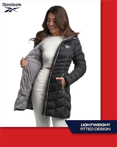 Reebok Women's Winter Jacket - Long Length Quilted Puffer Parka - Heavyweight Outerwear Coat for Women (S-XL), Size Medium, Jet Black