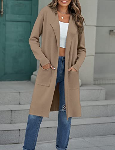 MEROKEETY Women's Winter Draped Long Cardigan Knitted Soft Sweater Jacket Coat 2024 with Pockets, Khaki, X-Large