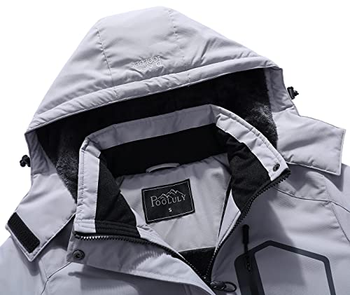 Pooluly Women's Ski Jacket Warm Winter Waterproof Windbreaker Hooded Raincoat Snowboarding Jackets Light Gray-2XL