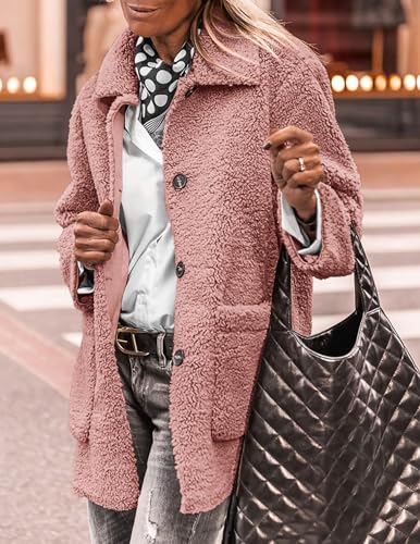 PRETTYGARDEN Women's Winter Faux Fur Coats Long Sleeve Lapel Button Down Pockets Fleece Sherpa Jacket Casual Trendy Outerwear (Pink,Medium)