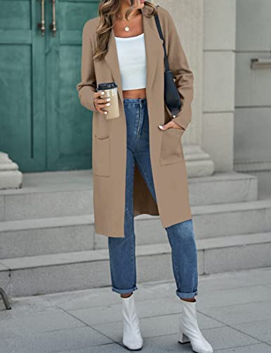 MEROKEETY Women's Winter Draped Long Cardigan Knitted Soft Sweater Jacket Coat 2024 with Pockets, Khaki, X-Large