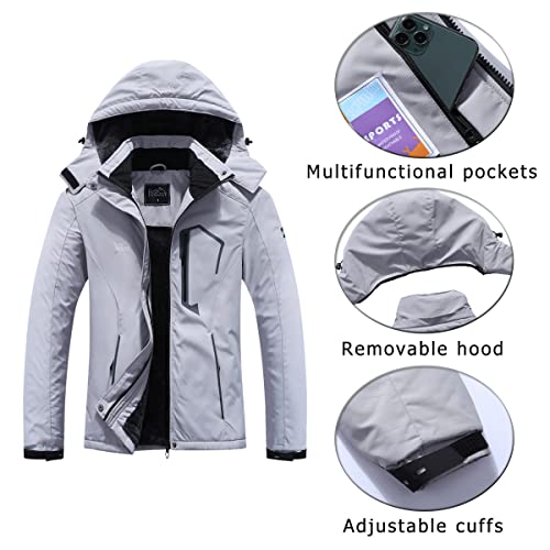 Pooluly Women's Ski Jacket Warm Winter Waterproof Windbreaker Hooded Raincoat Snowboarding Jackets Light Gray-2XL