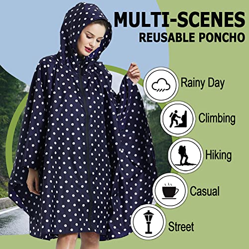 POWINSUN Fashion Hooded Rain Poncho Waterproof Raincoat Jacket with Pocket for Women/Men/Adult (A-Blue dot)