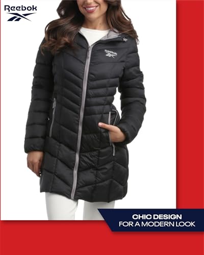 Reebok Women's Winter Jacket - Long Length Quilted Puffer Parka - Heavyweight Outerwear Coat for Women (S-XL), Size Medium, Jet Black