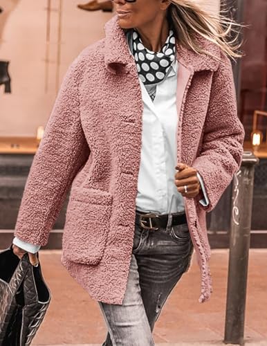 PRETTYGARDEN Women's Winter Faux Fur Coats Long Sleeve Lapel Button Down Pockets Fleece Sherpa Jacket Casual Trendy Outerwear (Pink,Medium)