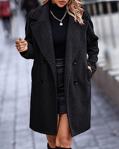 BTFBM Women 2024 Winter Faux Fur Coats Lapel Long Sleeve Fuzzy Fleece Outerwear Button Down Sherpa Jackets Fall Outfits(Solid Black, Medium)