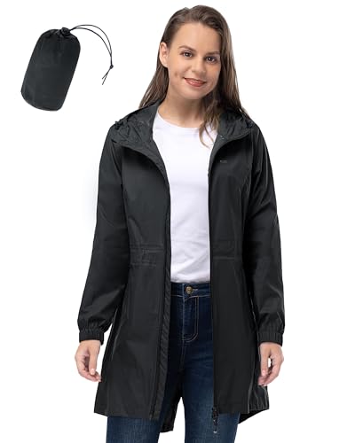 33,000ft Women's Waterproof Long Rain Coats Packable Rain Jacket with Hood Trench Coats Windbreaker