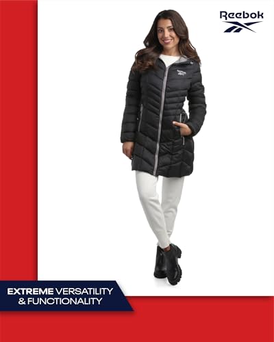 Reebok Women's Winter Jacket - Long Length Quilted Puffer Parka - Heavyweight Outerwear Coat for Women (S-XL), Size Medium, Jet Black
