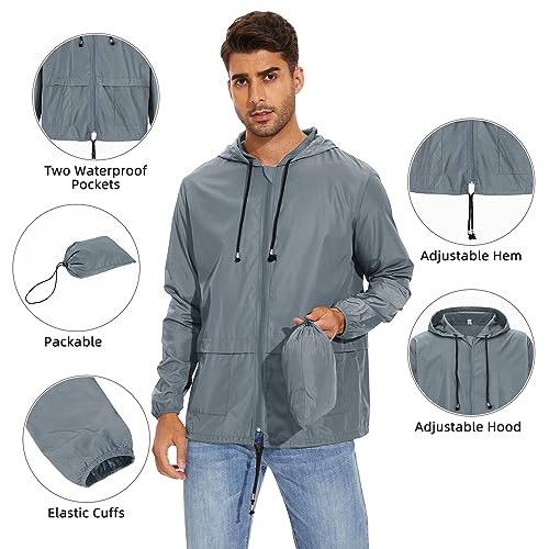 Zando Men Rain Jacket Mens Packable Raincoat Lightweight Mens Windbreaker Jackets Cycling Raincoats Waterproof with Hood Outdoor Windbreaker Jacket Travel Rain Coats for Men Gray Jacket Light Gray L