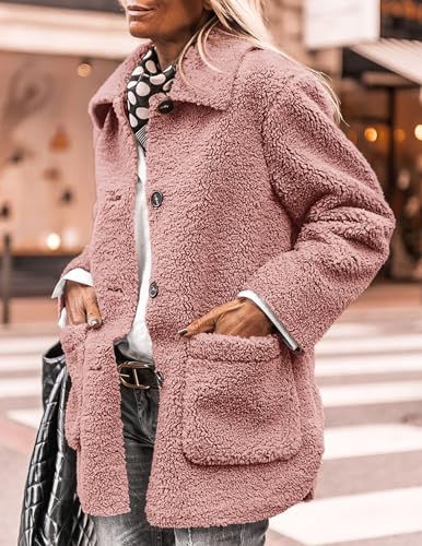 PRETTYGARDEN Women's Winter Faux Fur Coats Long Sleeve Lapel Button Down Pockets Fleece Sherpa Jacket Casual Trendy Outerwear (Pink,Medium)