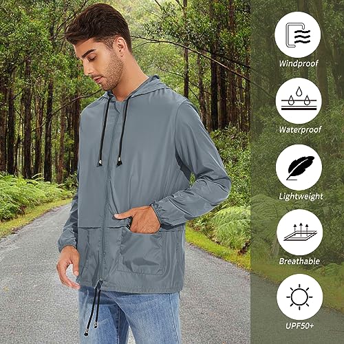 Zando Men Rain Jacket Mens Packable Raincoat Lightweight Mens Windbreaker Jackets Cycling Raincoats Waterproof with Hood Outdoor Windbreaker Jacket Travel Rain Coats for Men Gray Jacket Light Gray L
