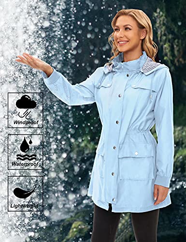 Waterproof Rain Jacket for Women Rain Coats Waterproof with Hood Raincoat Outdoor Breathable Trench Coats for Girls Light Blue L