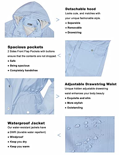 Waterproof Rain Jacket for Women Rain Coats Waterproof with Hood Raincoat Outdoor Breathable Trench Coats for Girls Light Blue L