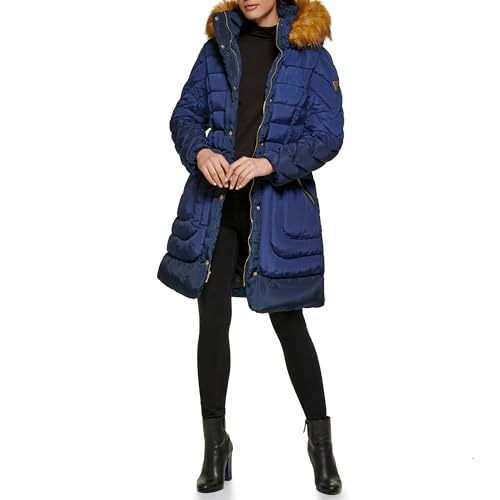 GUESS Women's Midweight Puffer Jacket, Belted Indigo, Medium