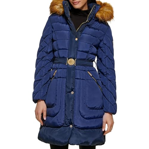 GUESS Women's Midweight Puffer Jacket, Belted Indigo, Medium