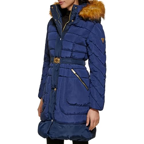 GUESS Women's Midweight Puffer Jacket, Belted Indigo, Medium