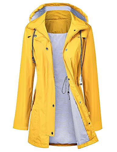 Women Sportswear Camping Light Plus Size Rain Jacket with Hood Outdoor Hiking Long Windbreaker Raincoat Yellow L