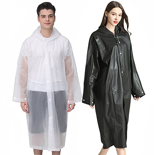 Rain Ponchos Raincoats for Adults Women Men, Reusable 2 Pack Rain Jacket Coats with Hood for Family Disney Camping Hiking(1 White+1 Black)