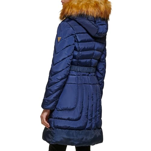 GUESS Women's Midweight Puffer Jacket, Belted Indigo, Medium