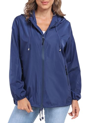 DULEMOT Womens Rain Jacket with Hood Lightweight Waterproof Rain Coat Outdoor Active Windbreaker Navy Blue Large