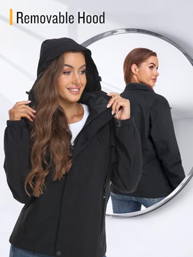 SaphiRose Womens Waterproof Rain jacket Lightweight Active Outdoor Raincoat with Removable Hood (Black,Large)