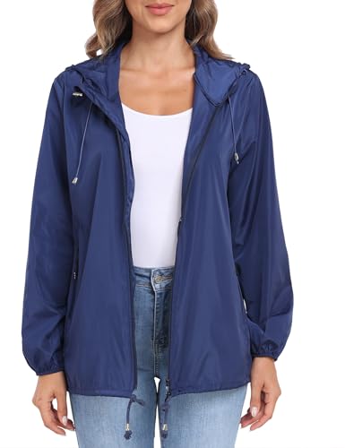 DULEMOT Womens Rain Jacket with Hood Lightweight Waterproof Rain Coat Outdoor Active Windbreaker Navy Blue Large