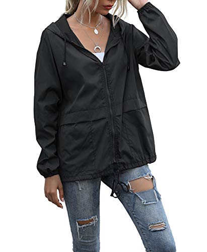 Women's Waterproof Hooded Raincoat Lightweight Rain Jacket Black Windbreaker with Pocket for Outdoor Black XL