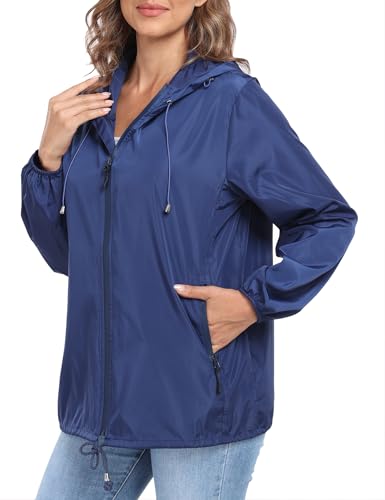 DULEMOT Womens Rain Jacket with Hood Lightweight Waterproof Rain Coat Outdoor Active Windbreaker Navy Blue Large