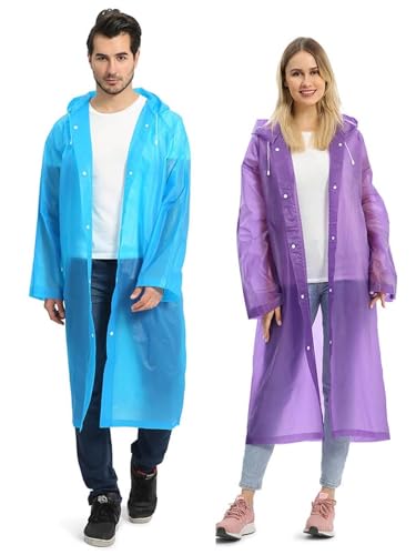 Opret 2 Pack Portable EVA Raincoats for Adults, Reusable Rain Ponchos with Hoods and Sleeves Lightweight Raincoats, Perfect for Outdoor Activities, Blue&Purple
