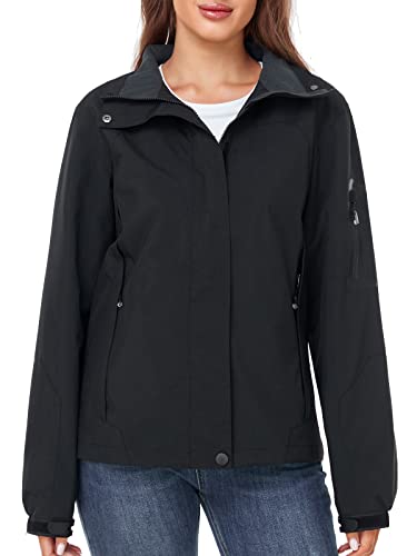 SaphiRose Womens Waterproof Rain jacket Lightweight Active Outdoor Raincoat with Removable Hood (Black,Large)