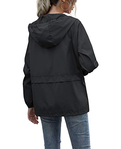 Women's Waterproof Hooded Raincoat Lightweight Rain Jacket Black Windbreaker with Pocket for Outdoor Black XL