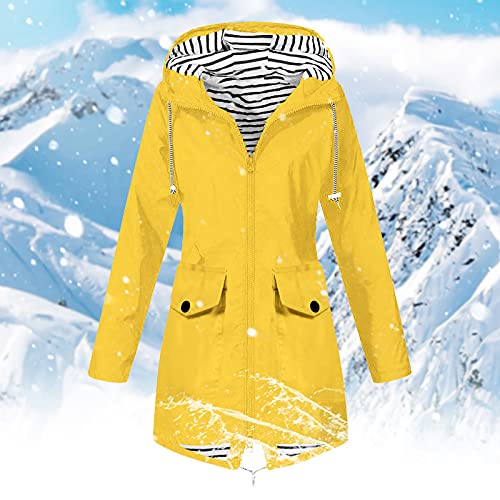 Rain Jacket for Women Lightweight Long Hooded Raincoat Waterproof Outdoor Travel Hiking Windbreaker Trench Coats (US, Alpha, Medium, Regular, Regular, 01 Yellow)