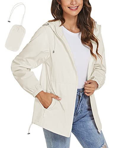 TCOT Womens Hooded Waterproof Rain Coats Lightweight Travel Rain Jacket Summer Packable Windbreaker Jacket Beige XL