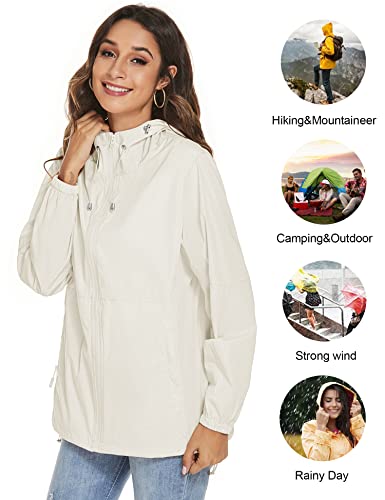 TCOT Womens Hooded Waterproof Rain Coats Lightweight Travel Rain Jacket Summer Packable Windbreaker Jacket Beige XL