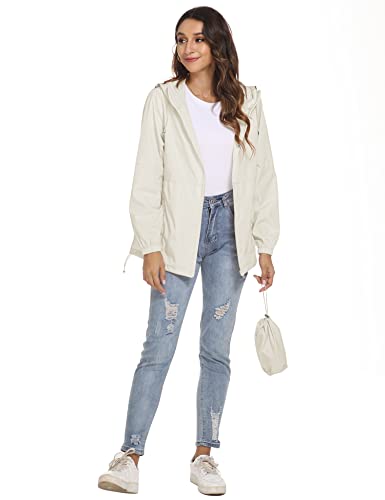 TCOT Womens Hooded Waterproof Rain Coats Lightweight Travel Rain Jacket Summer Packable Windbreaker Jacket Beige XL