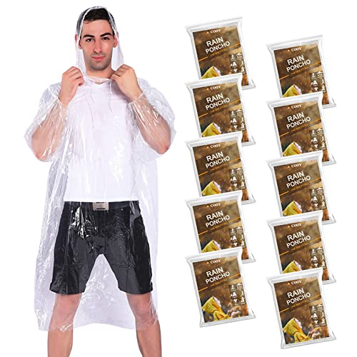 COOY Rain Ponchos,with Drawstring Hood (10 Pack) Emergency Disposable Rain Ponchos Family Pack for Adults,Clear…