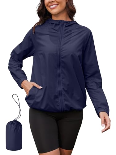PITINAN Rain Coats for Women Lightweight Waterproof Jackets for Women Hooded Raincoat Packable Rain Jacket for Women Waterproof with Hood Windbreaker Navy Blue L