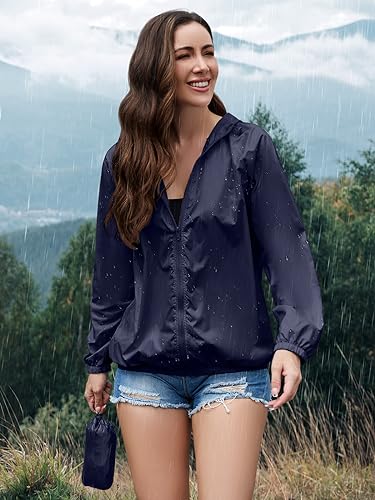 PITINAN Rain Coats for Women Lightweight Waterproof Jackets for Women Hooded Raincoat Packable Rain Jacket for Women Waterproof with Hood Windbreaker Navy Blue L