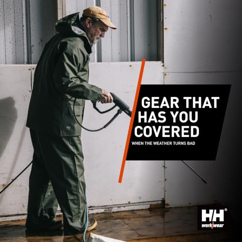 Helly-Hansen Workwear Mandal Adjustable Waterproof Jackets for Men - Heavy Duty Comfortable PVC-Coated Protective Rain Coat, Army Green - XL