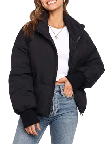 InterNos Women's Winter Stand Collar Zip Puffer Jacket Baggy Short Padded Down Coats(0128-Black-M)