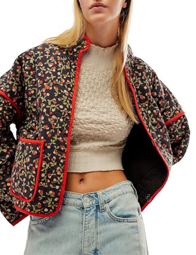 Wyeysyt Women's Cropped Puffer Jacket Lightweight Floral Print Long Sleeve Padded Quilted Puffy Cardigan Coat (Black-M)
