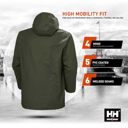 Helly-Hansen Workwear Mandal Adjustable Waterproof Jackets for Men - Heavy Duty Comfortable PVC-Coated Protective Rain Coat, Army Green - XL
